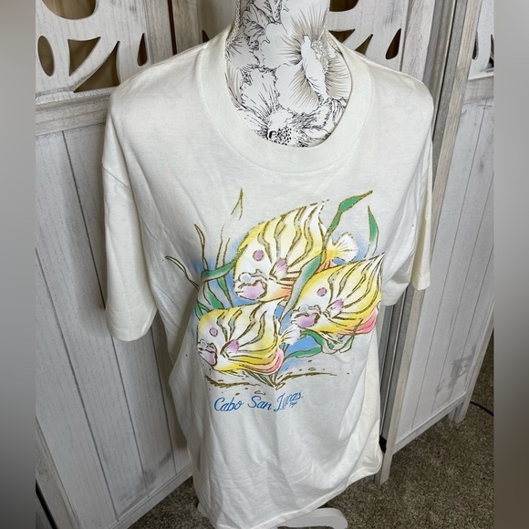 VINTAGE Cabo San Lucas Shirt Medium 90s Cotton Graphic Logo Fish Glitter - Picture 1 of 7
